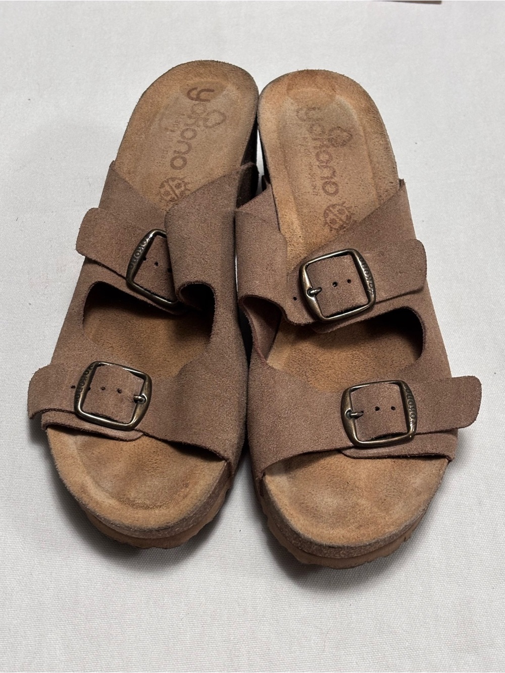 Yokono Brown Suede Double-Buckle Slide Sandals size 8